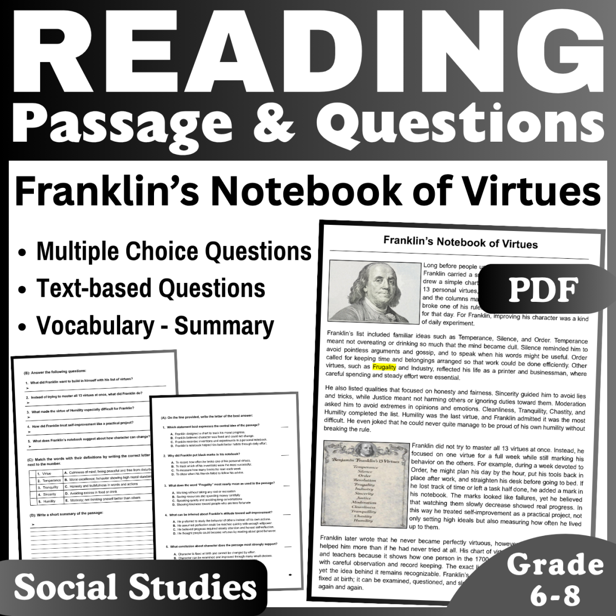 An educational teaching resource from CORED Education - Middle & High School entitled Benjamin Franklin's Notebook of Virtues: Social Studies Passage (PDF) downloadable at Teach Simple.