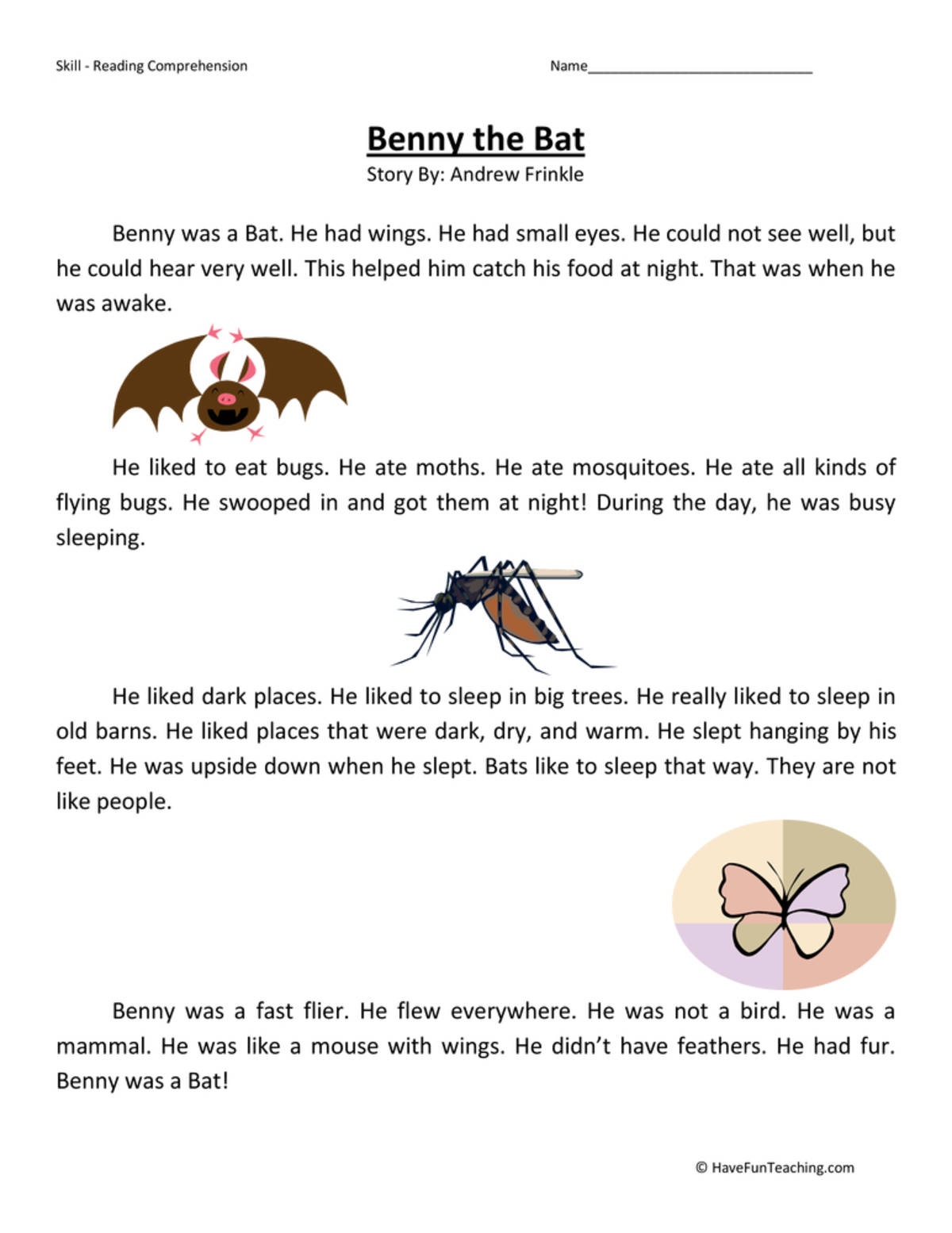 An educational teaching resource from Have Fun Teaching entitled Benny the Bat - Reading Comprehension Worksheet downloadable at Teach Simple.