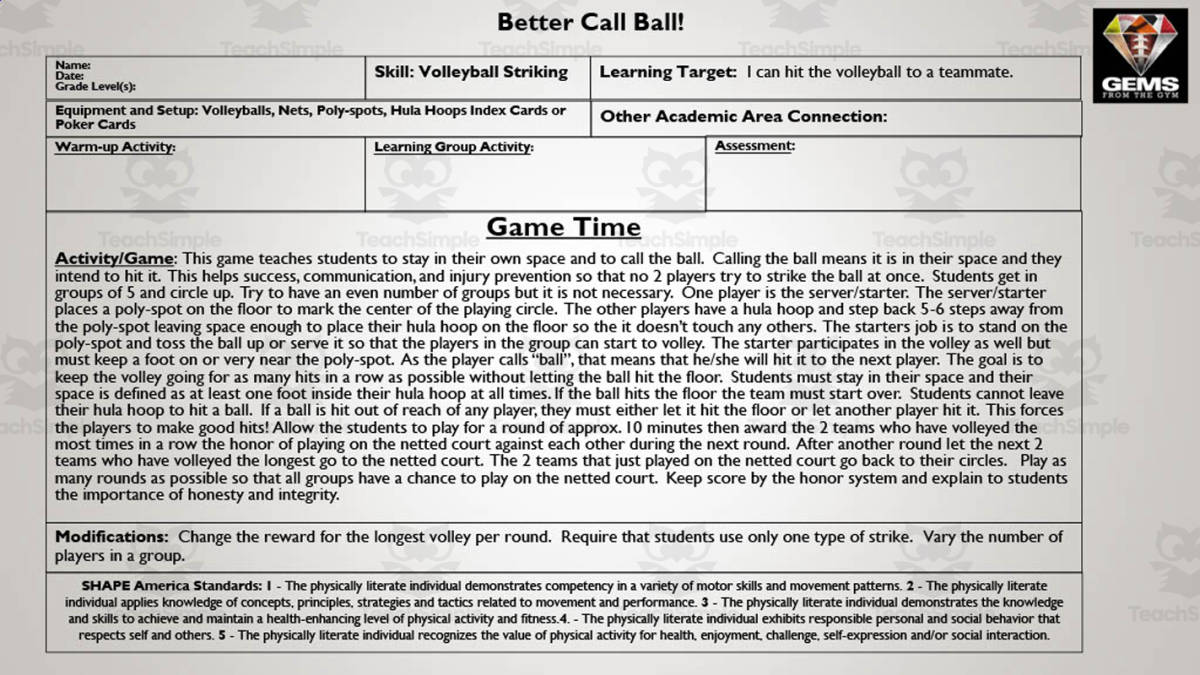 An educational teaching resource from Gems from the Gym entitled Better Call Ball PE Game downloadable at Teach Simple.