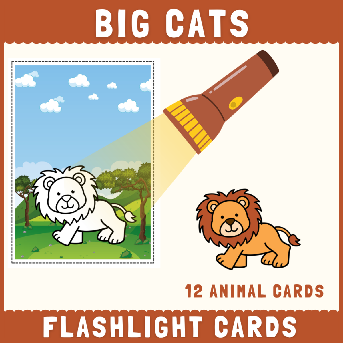 An educational teaching resource from Perfect_Printables entitled Big Cats Animals flashlight cards hidden picture reveal activity downloadable at Teach Simple.