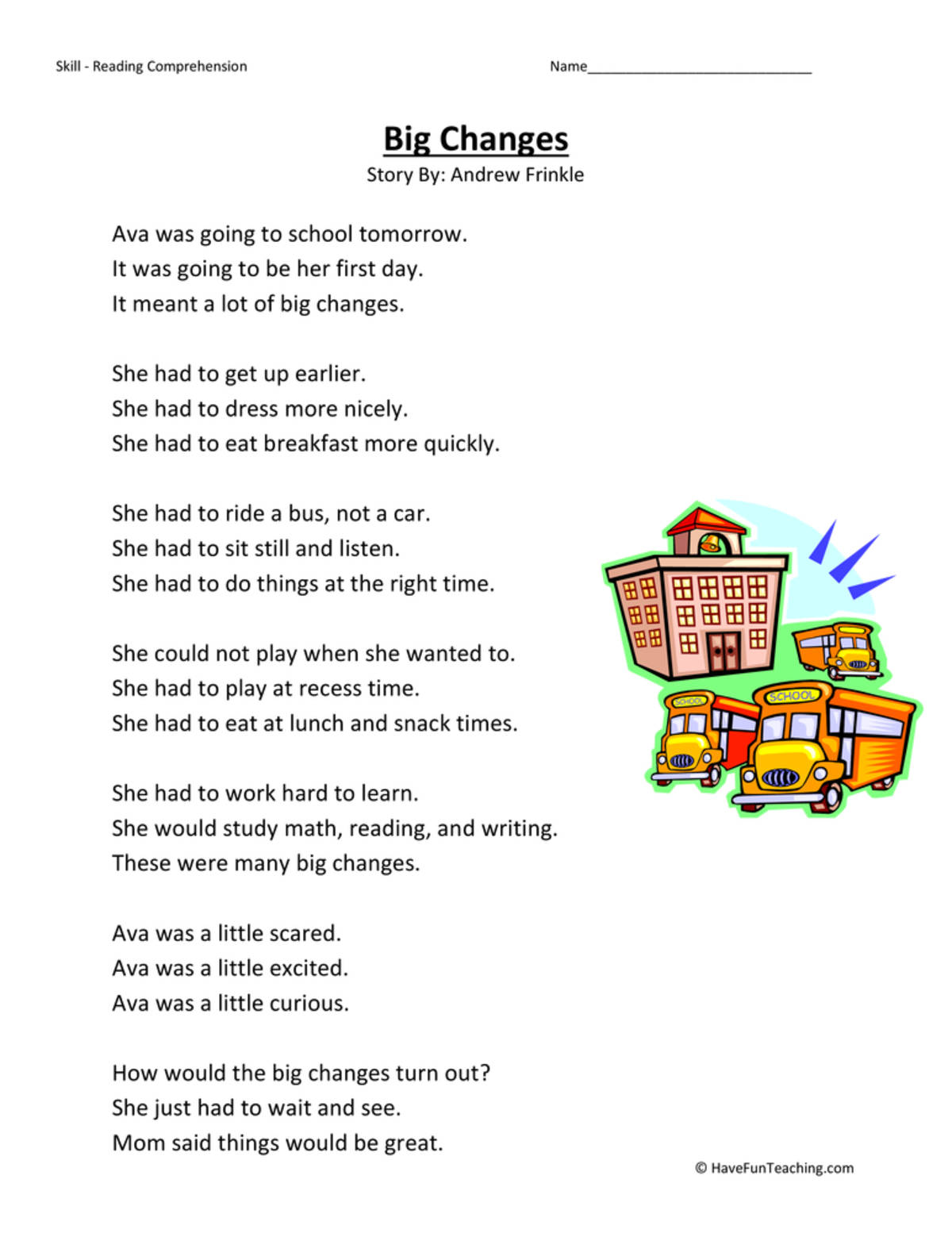 An educational teaching resource from Have Fun Teaching entitled Big Changes - Reading Comprehension Worksheet downloadable at Teach Simple.