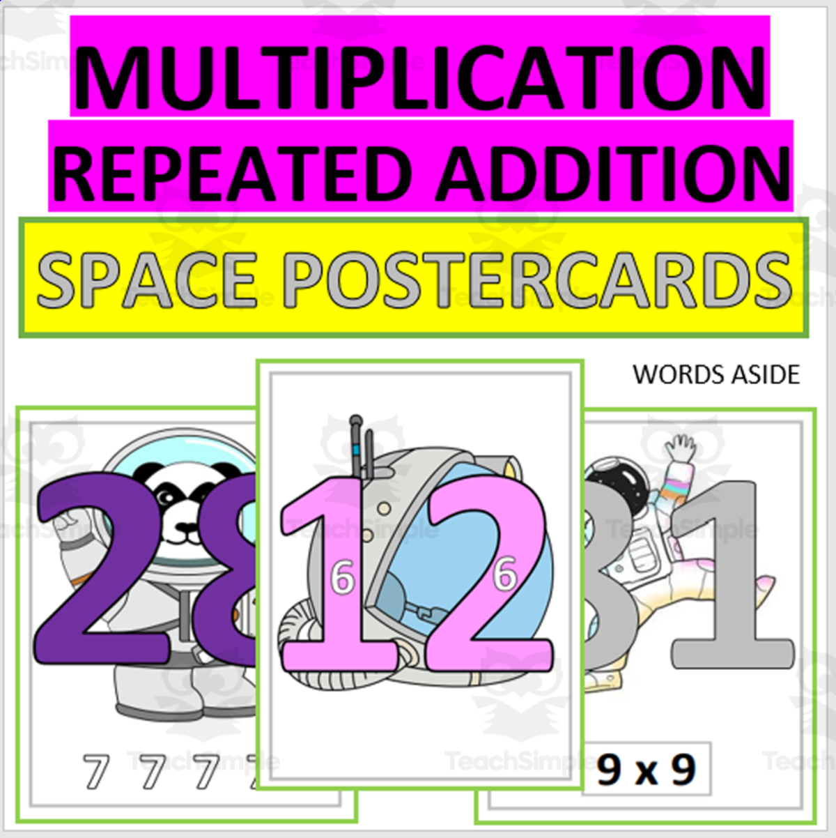 An educational teaching resource from WORDS ASIDE entitled BIG MULTIPLICATION FACTS POSTER CARDS REPEATED ADDITION space downloadable at Teach Simple.