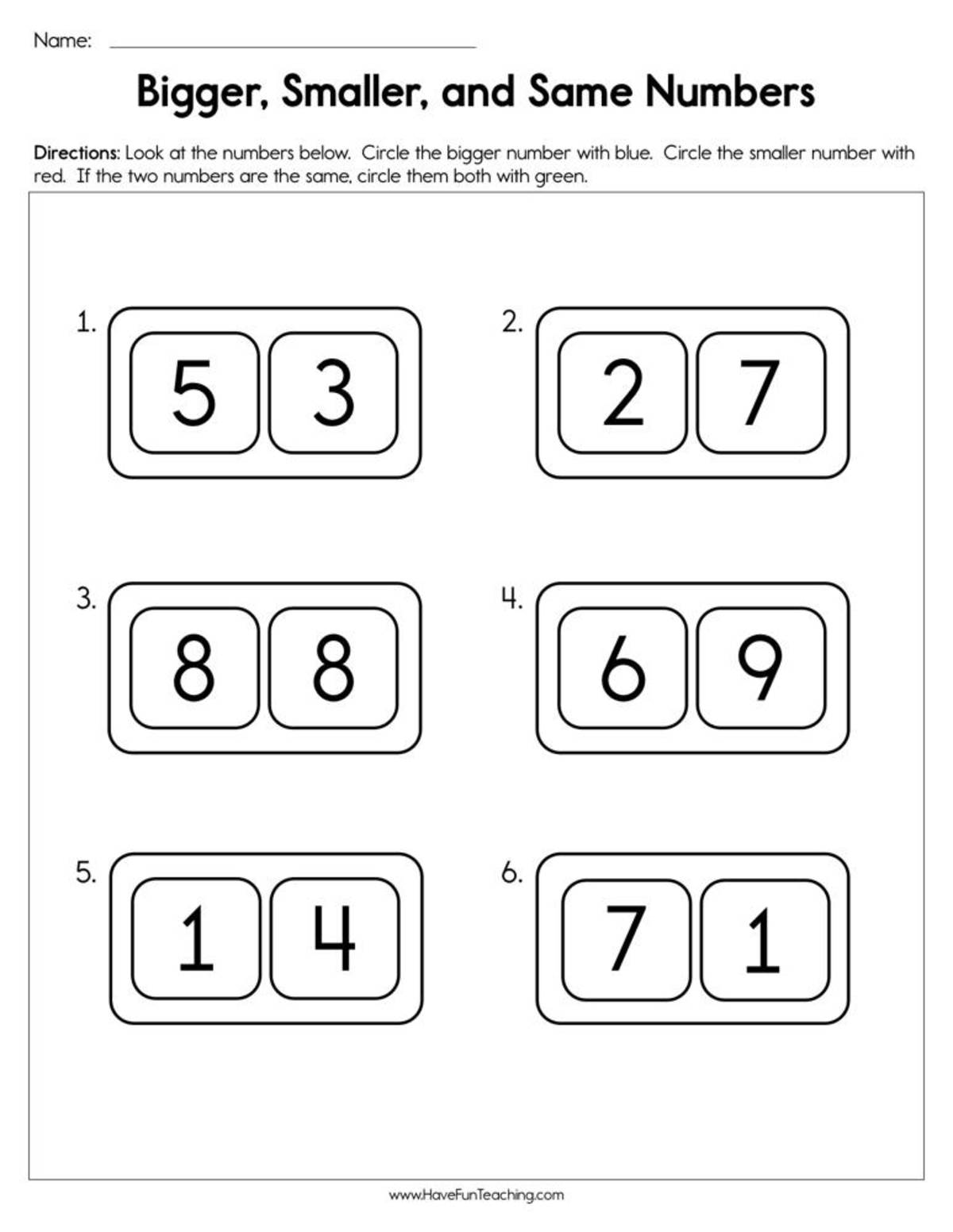 An educational teaching resource from Have Fun Teaching entitled Bigger Smaller and Same Numbers Worksheet downloadable at Teach Simple.