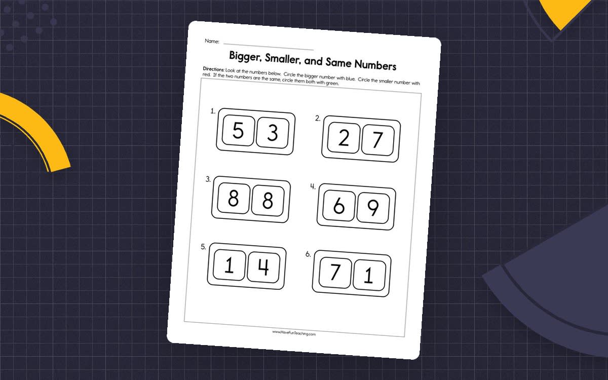 An educational teaching resource from Have Fun Teaching entitled Bigger Smaller and Same Numbers Worksheet downloadable at Teach Simple.