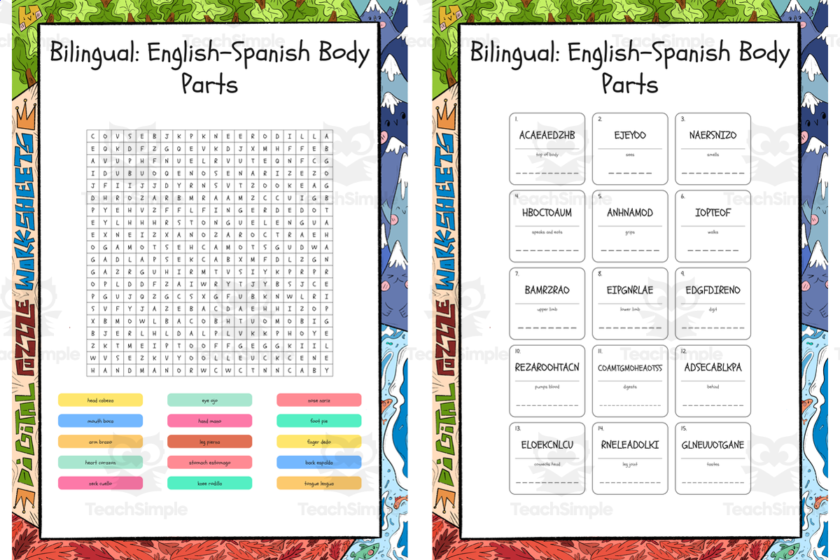 An educational teaching resource from Lapiiin Art Activities entitled Bilingual English-Spanish Body Parts word search, scramble and crosswo downloadable at Teach Simple.