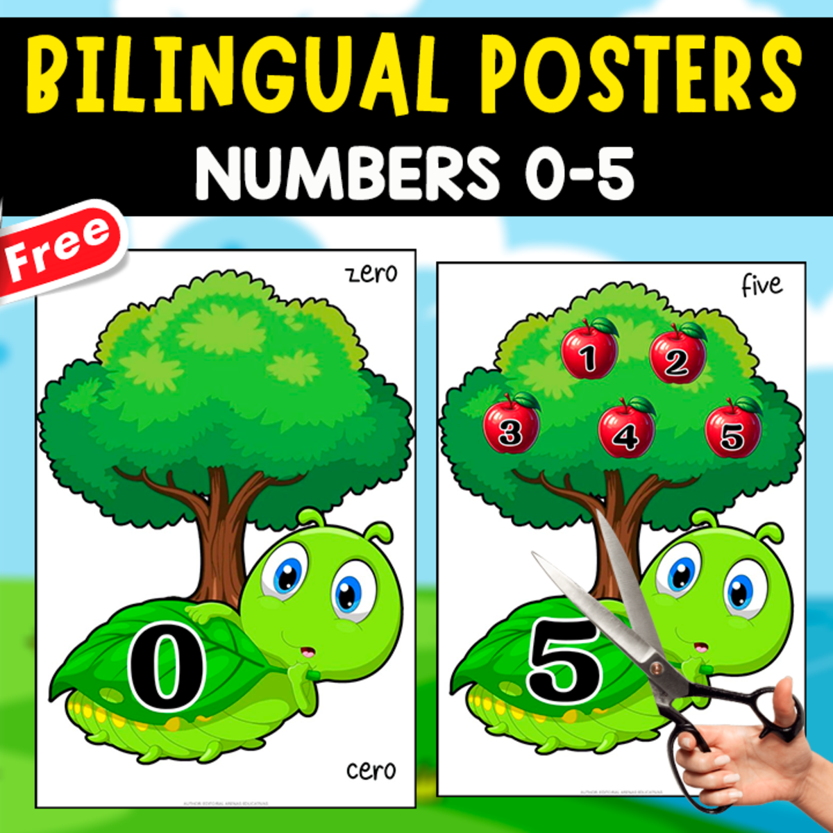An educational teaching resource from EDITORIAL LAURA EDUCA entitled BILINGUAL POSTERS OF NUMBERS 0-5 | SPANISH+ENGLISH downloadable at Teach Simple.