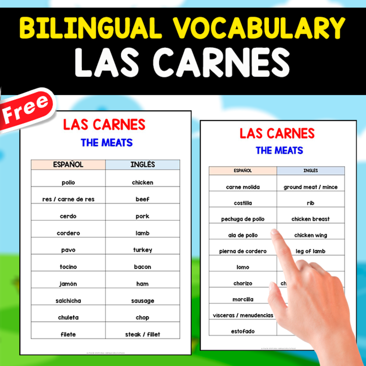 An educational teaching resource from EDITORIAL LAURA EDUCA entitled BILINGUAL VOCABULARY SPANISH + ENGLISH | Las Carnes downloadable at Teach Simple.