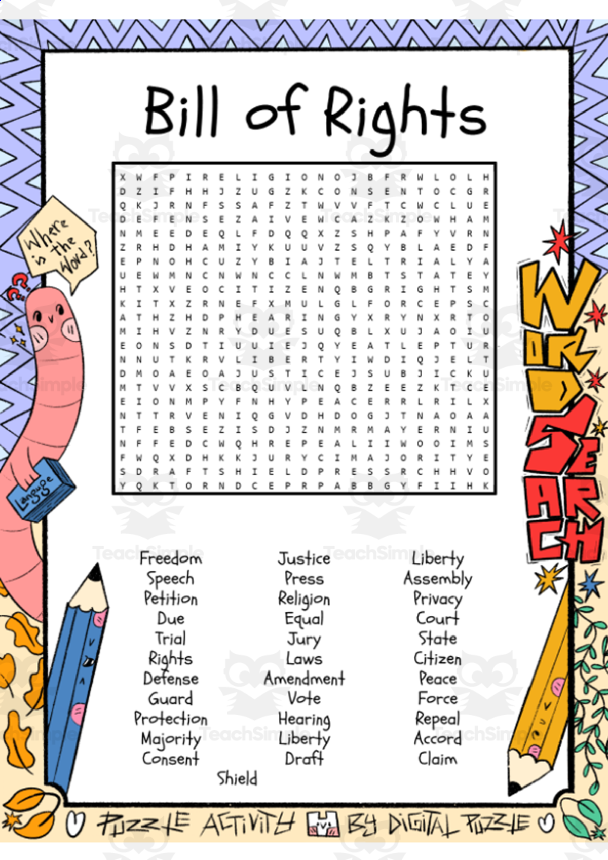 An educational teaching resource from Lapiiin Art Activities entitled Bill of Rights word search puzzle worksheet activity downloadable at Teach Simple.