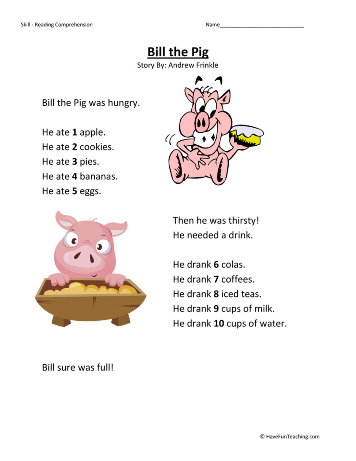 An educational teaching resource from Have Fun Teaching entitled Bill the Pig - Reading Comprehension Worksheet downloadable at Teach Simple.