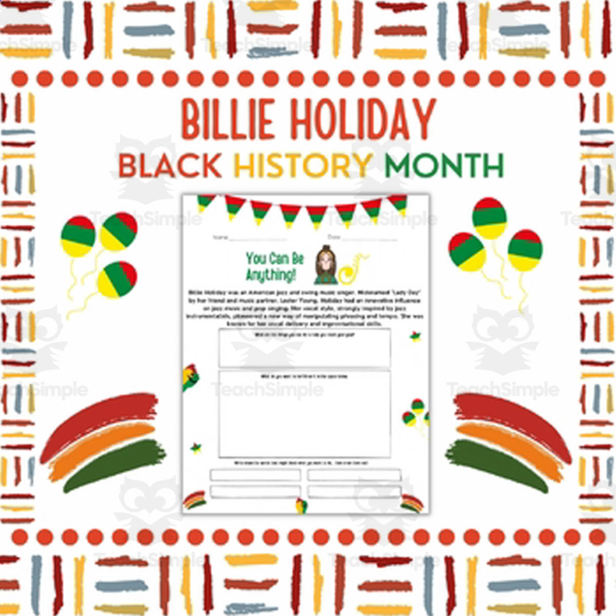 An educational teaching resource from Style Your Classroom entitled Billie Holiday: Black History Month Biography Follow Up downloadable at Teach Simple.