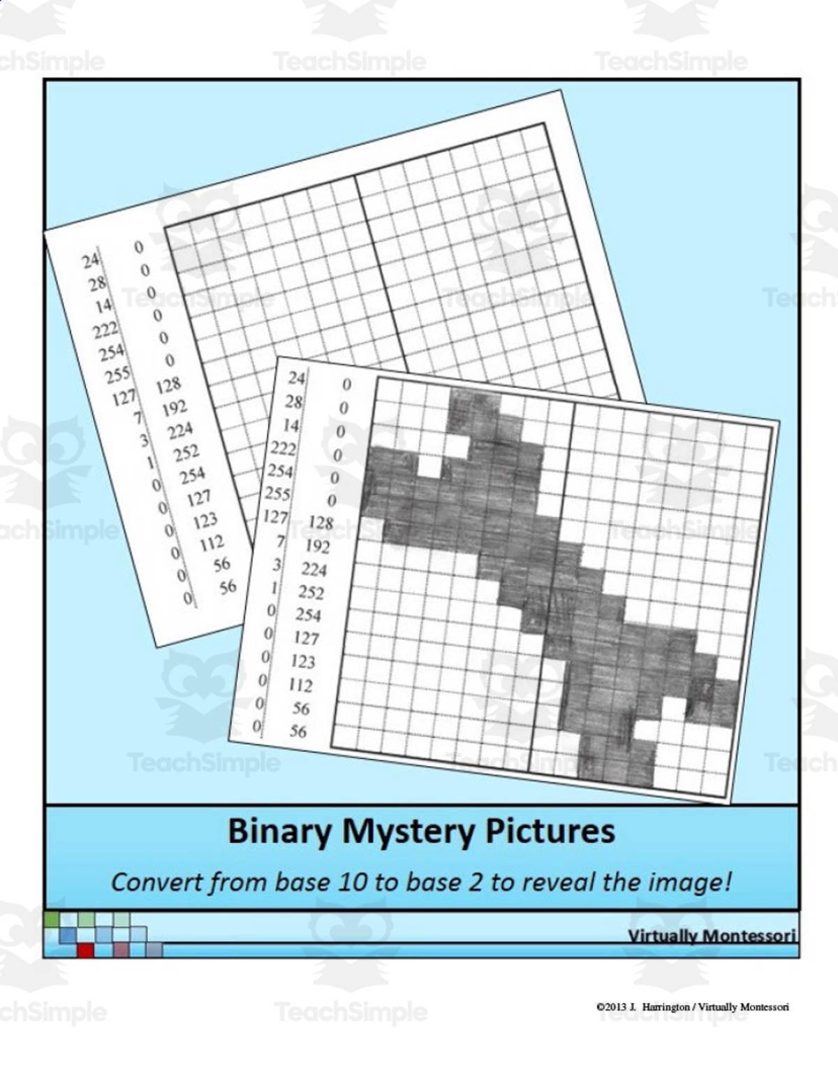 An educational teaching resource from Virtually Montessori entitled Binary Mystery Pictures downloadable at Teach Simple.