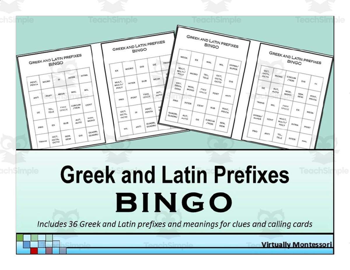 An educational teaching resource from Virtually Montessori entitled Bingo Game: Greek and Latin Prefixes downloadable at Teach Simple.