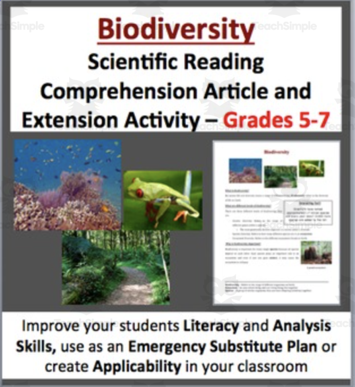 An educational teaching resource from Teach With Fergy entitled Biodiversity - Science Reading Article - Grades 5-7 downloadable at Teach Simple.
