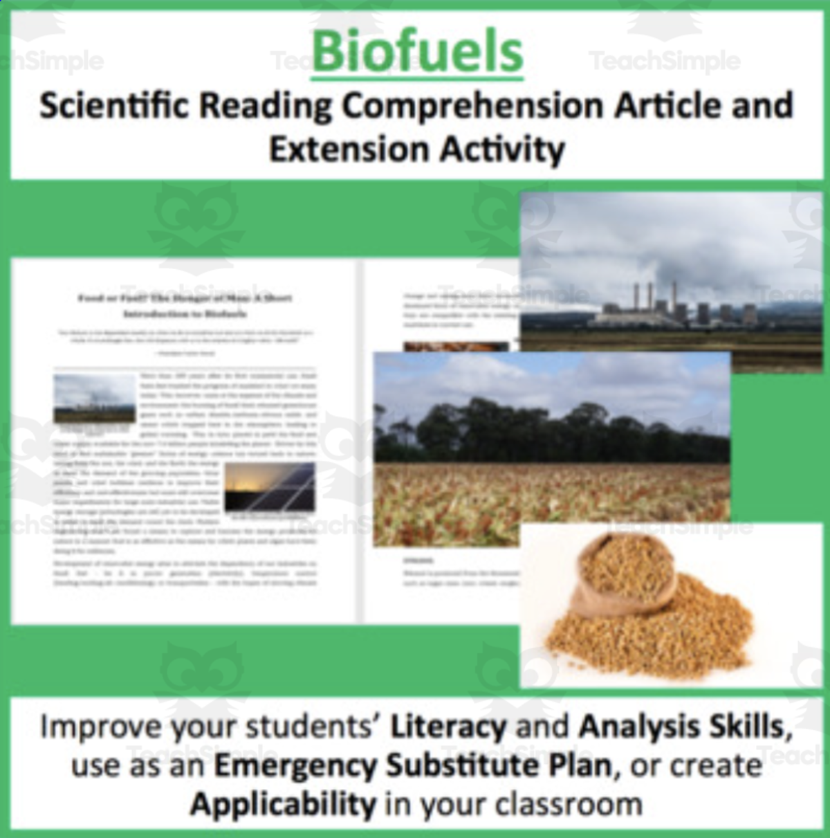 An educational teaching resource from Teach With Fergy entitled Biofuels Reading Comprehension Article downloadable at Teach Simple.