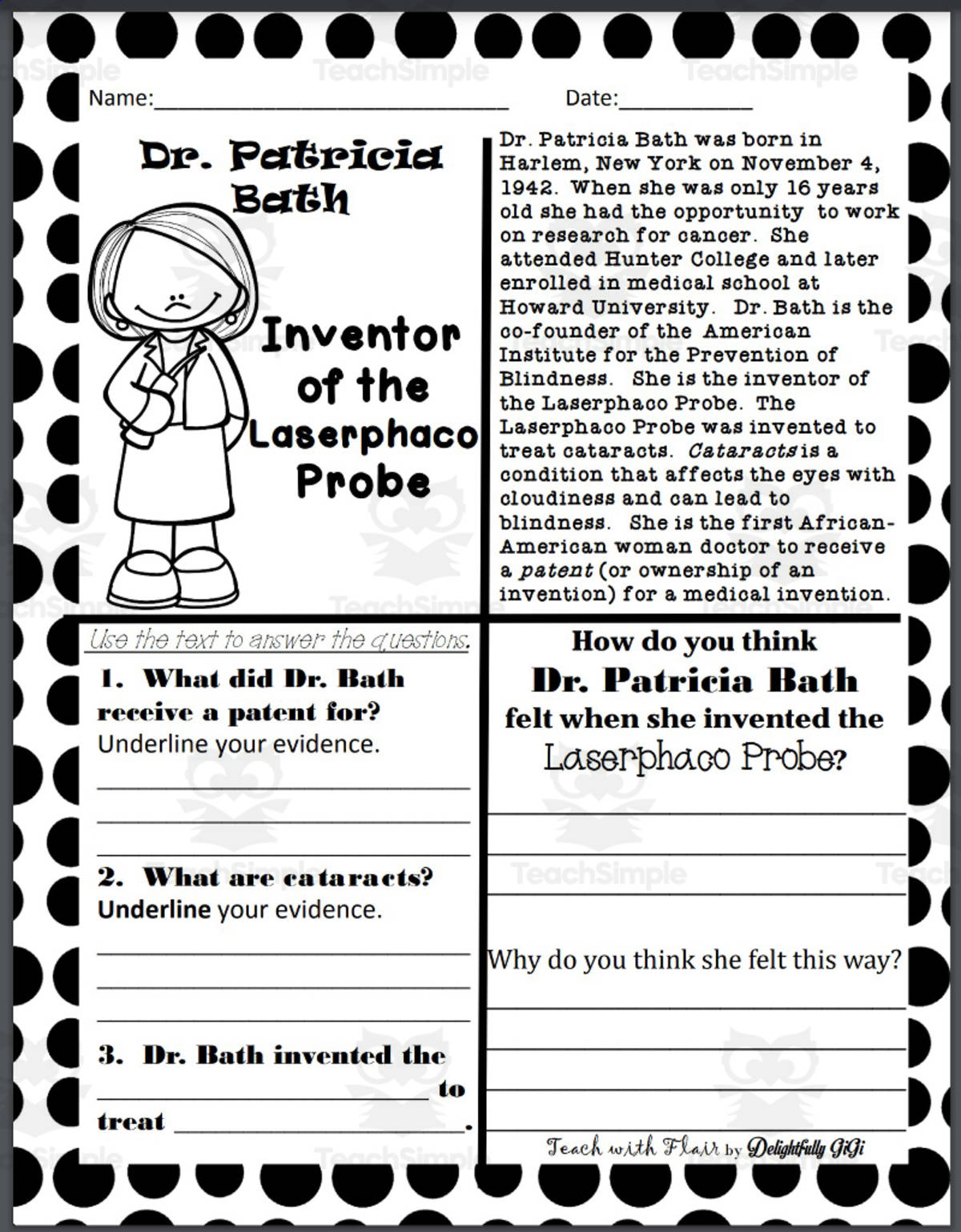 An educational teaching resource from FlairSquare Educational Resources entitled Biography: Dr. Patricia Bath downloadable at Teach Simple.