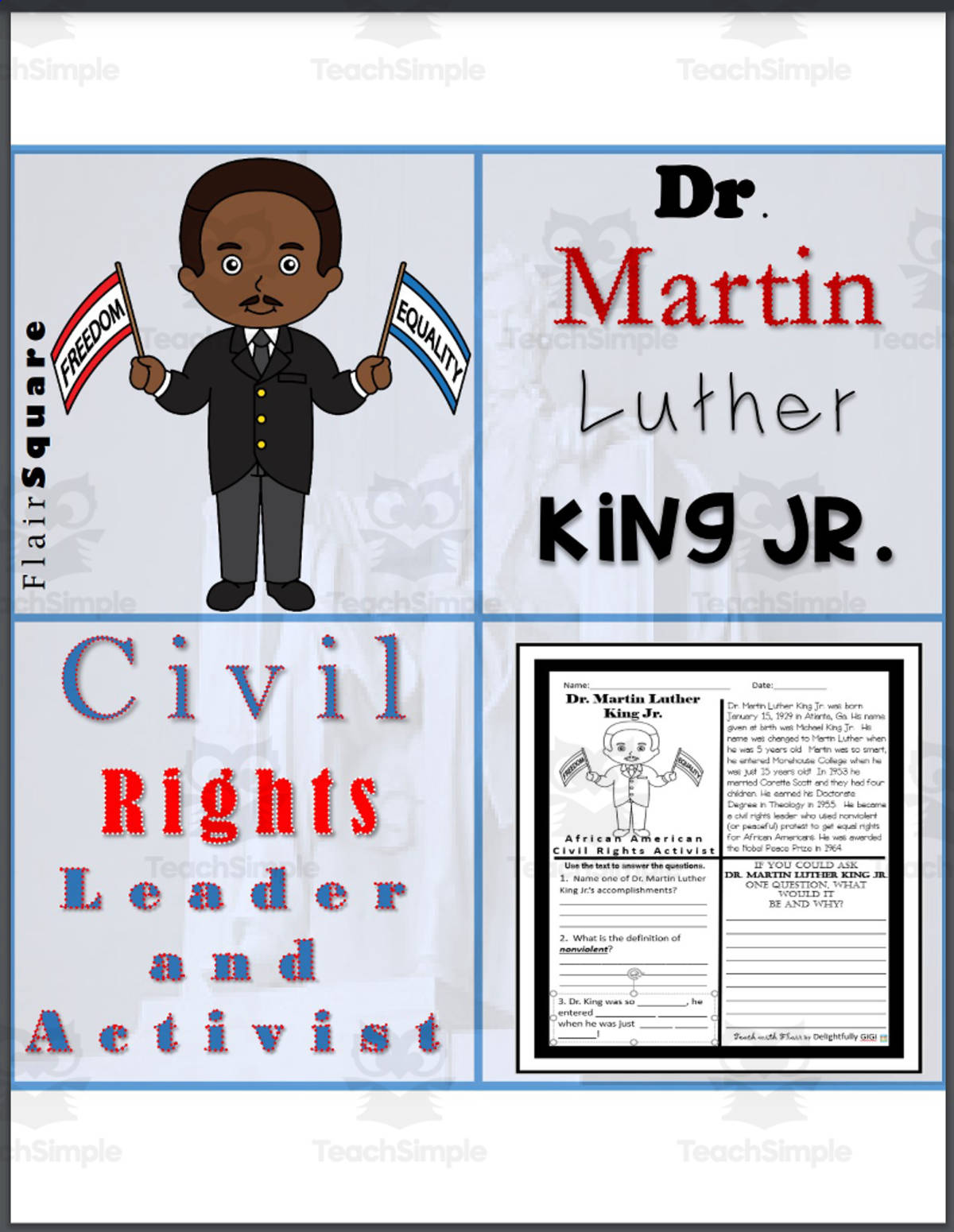 An educational teaching resource from FlairSquare Educational Resources entitled Biography: Martin Luther King Jr. downloadable at Teach Simple.