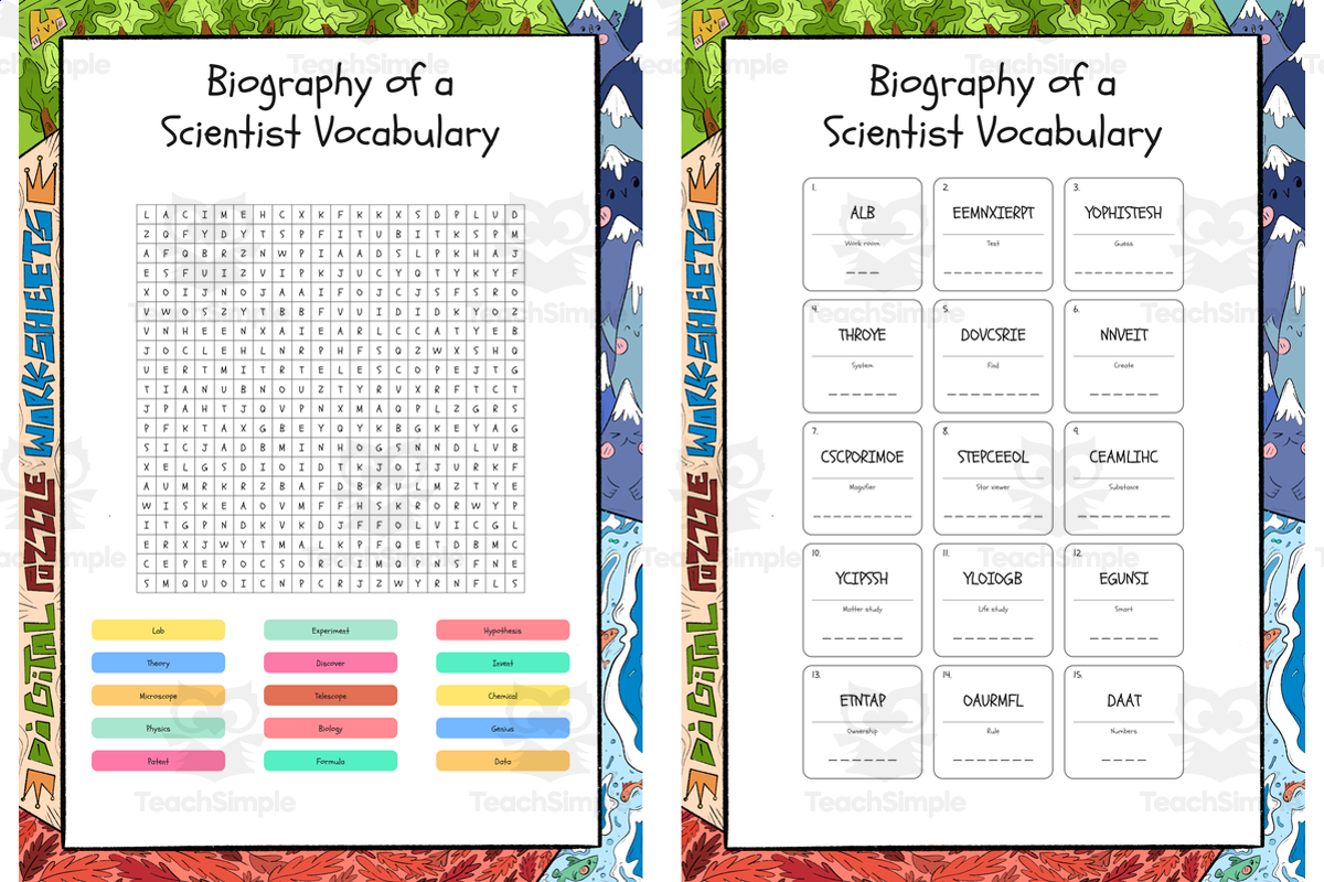 An educational teaching resource from Lapiiin Art Activities entitled Biography of a Scientist Vocabulary word search, scramble and crosswor downloadable at Teach Simple.