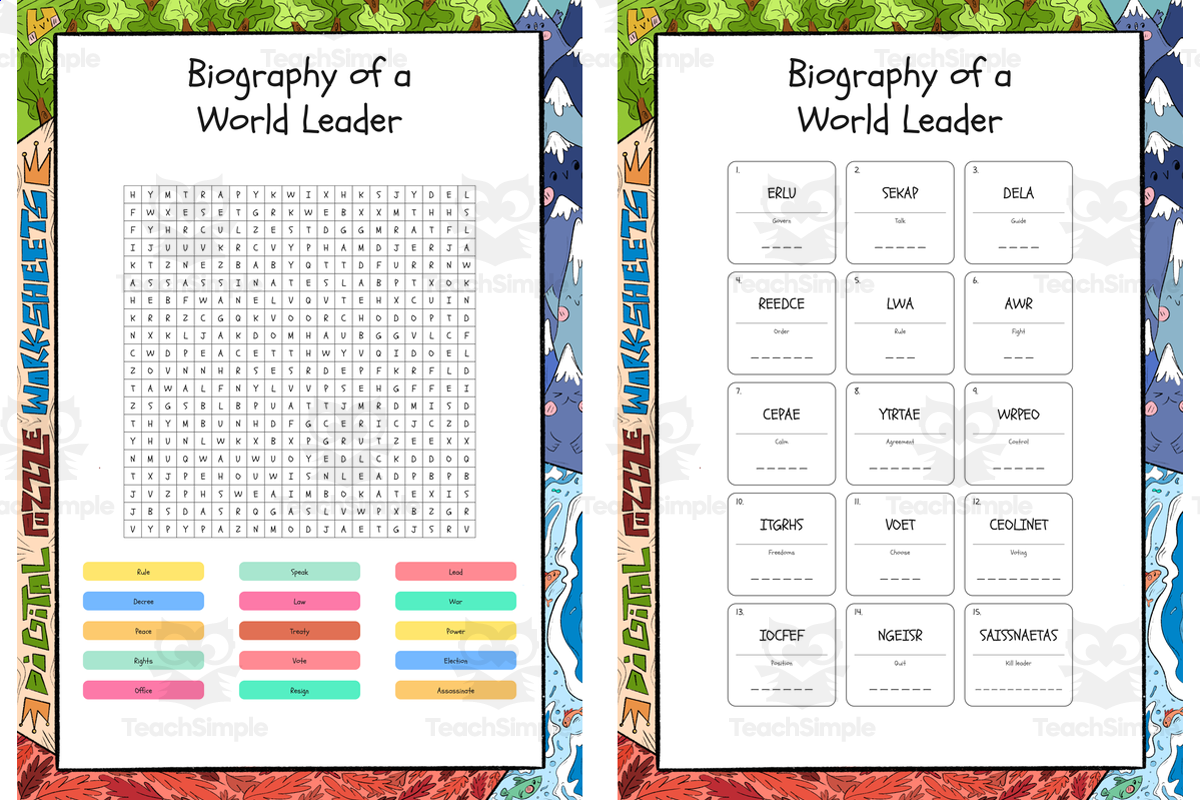 An educational teaching resource from Lapiiin Art Activities entitled Biography of a World Leader word search, scramble and crossword puzzle downloadable at Teach Simple.