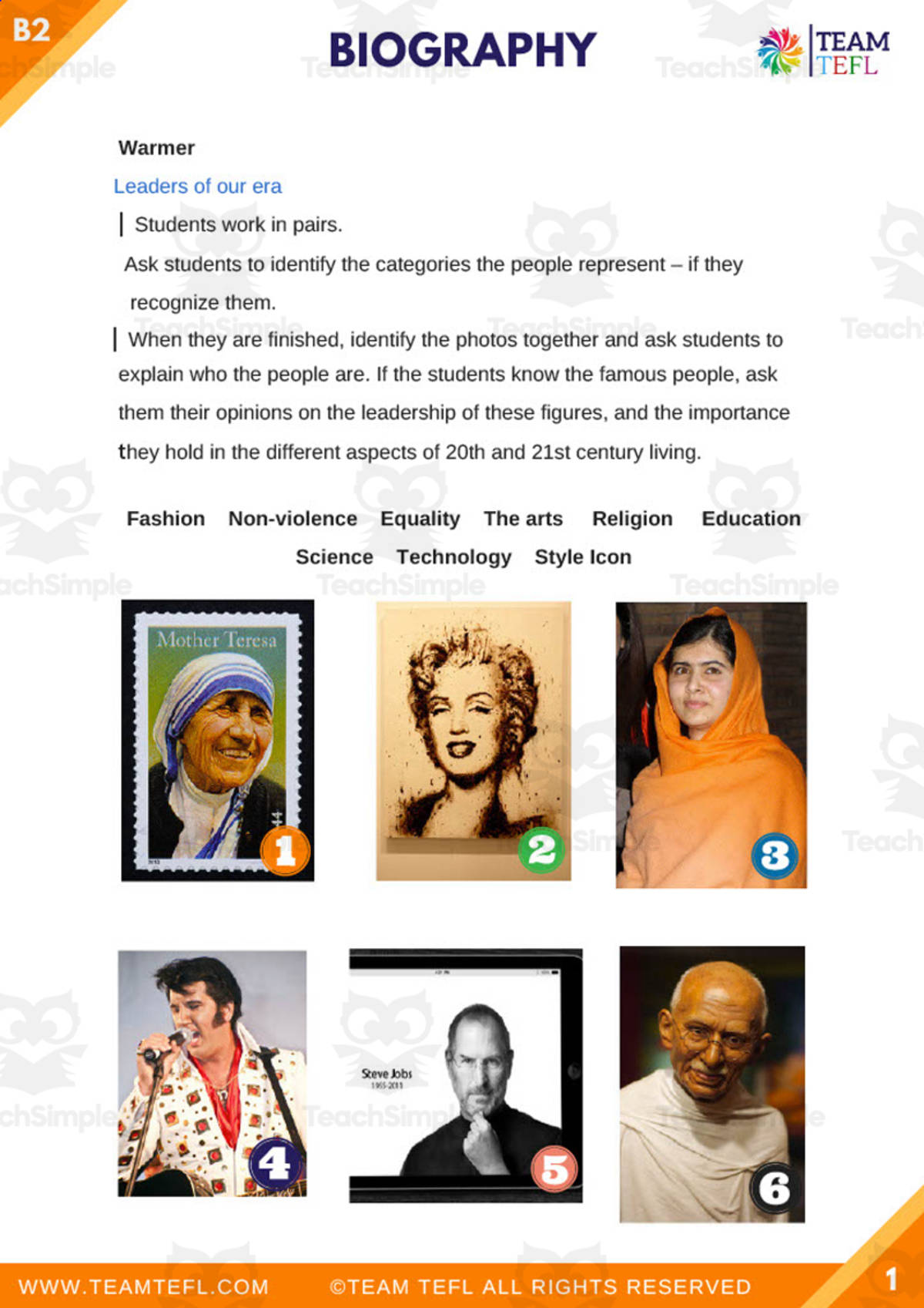 An educational teaching resource from TEAM TEFL entitled Biography | Upper Intermediate Lesson Plan downloadable at Teach Simple.