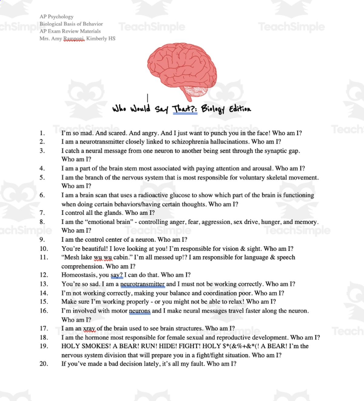 An educational teaching resource from Skinner's Box entitled Biological Psychology Review Activities downloadable at Teach Simple.