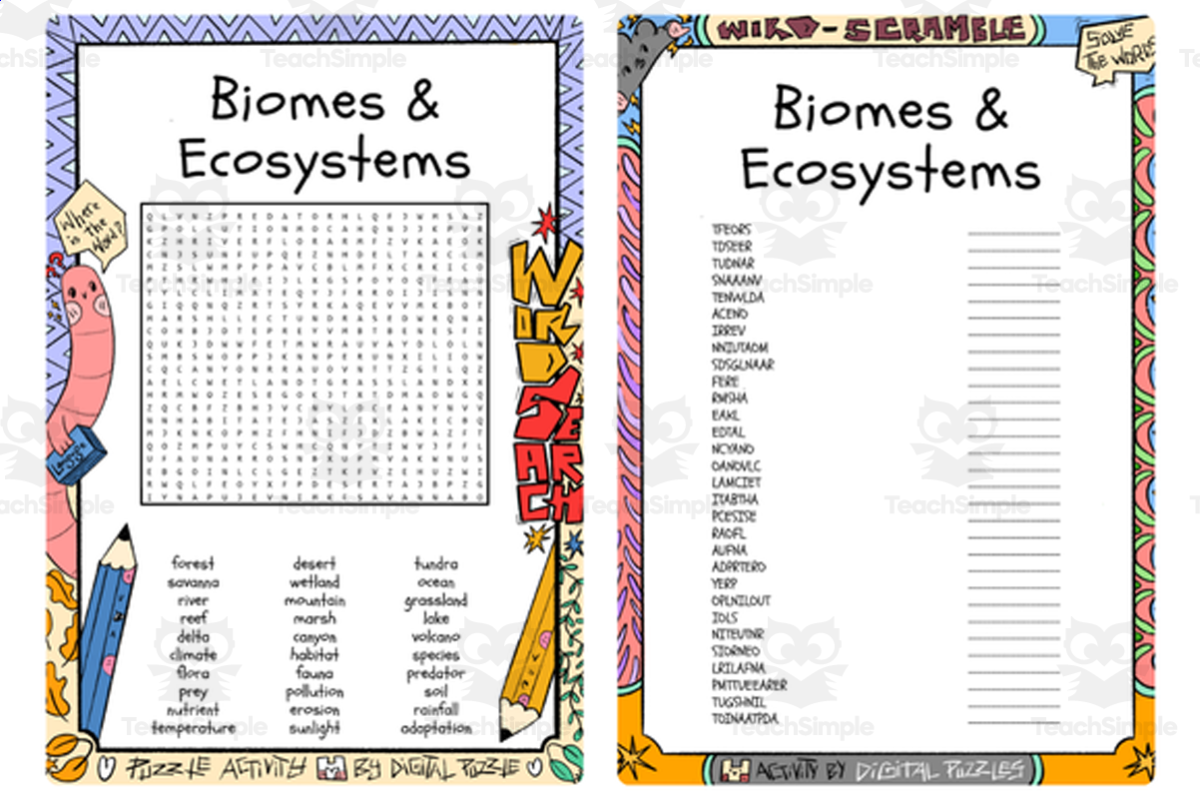 An educational teaching resource from Lapiiin Art Activities entitled Biomes & Ecosystems word search and word scramble downloadable at Teach Simple.