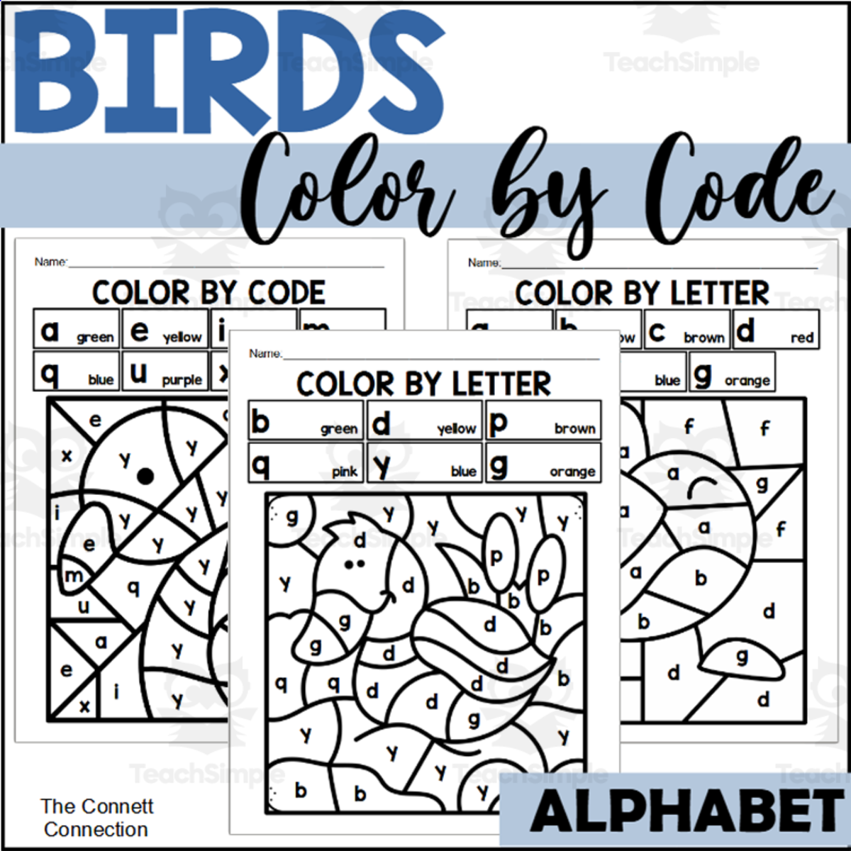 An educational teaching resource from The Connett Connection entitled Bird Alphabet Color by Code for Lowercase Letters downloadable at Teach Simple.