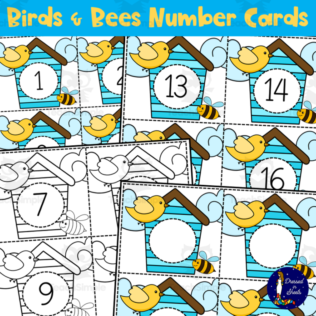 An educational teaching resource from Soumara Siddiqui entitled Birds and Bees Number Cards downloadable at Teach Simple.