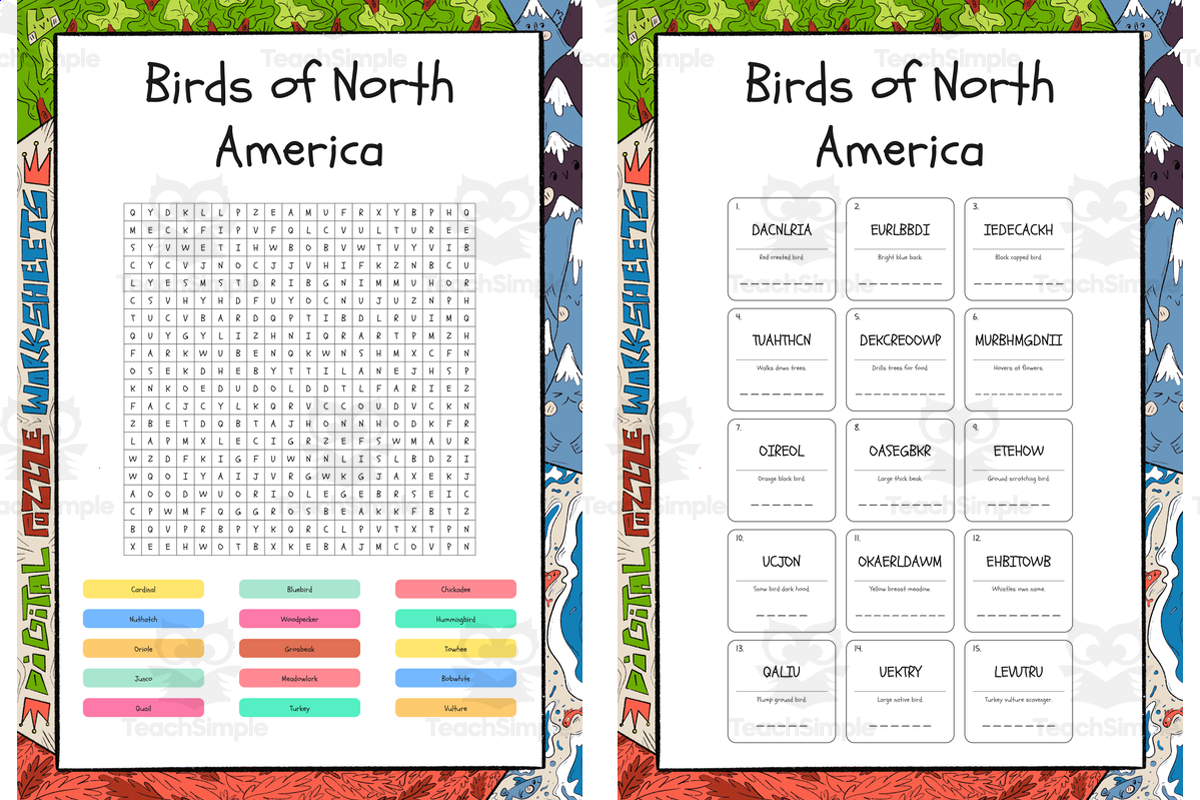 An educational teaching resource from Lapiiin Art Activities entitled Birds of North America word search, scramble and crossword downloadable at Teach Simple.