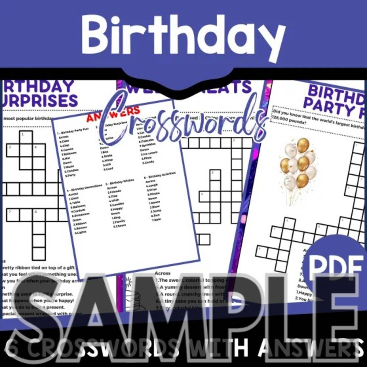 An educational teaching resource from Cored Education entitled Birthday Crossword: 1 Page Sample (PDF) downloadable at Teach Simple.