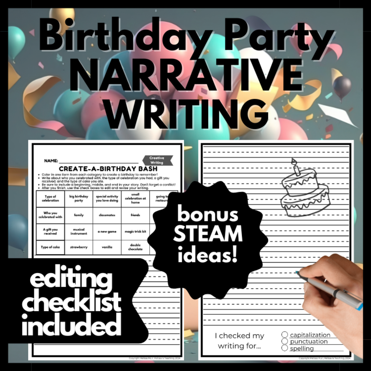 An educational teaching resource from Melissa Is Teaching entitled Birthday Party Writing Challenge | Celebrations, gifts, and cake! downloadable at Teach Simple.