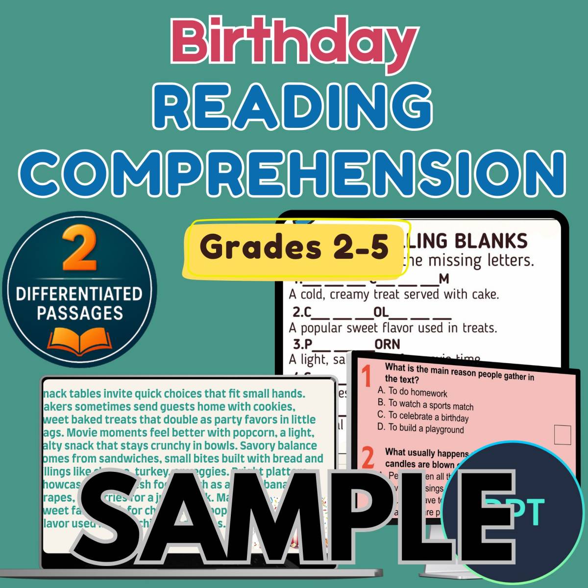 An educational teaching resource from Cored Education entitled Birthday Reading 1 Lesson Sample Writing Prompts Powerpoints downloadable at Teach Simple.