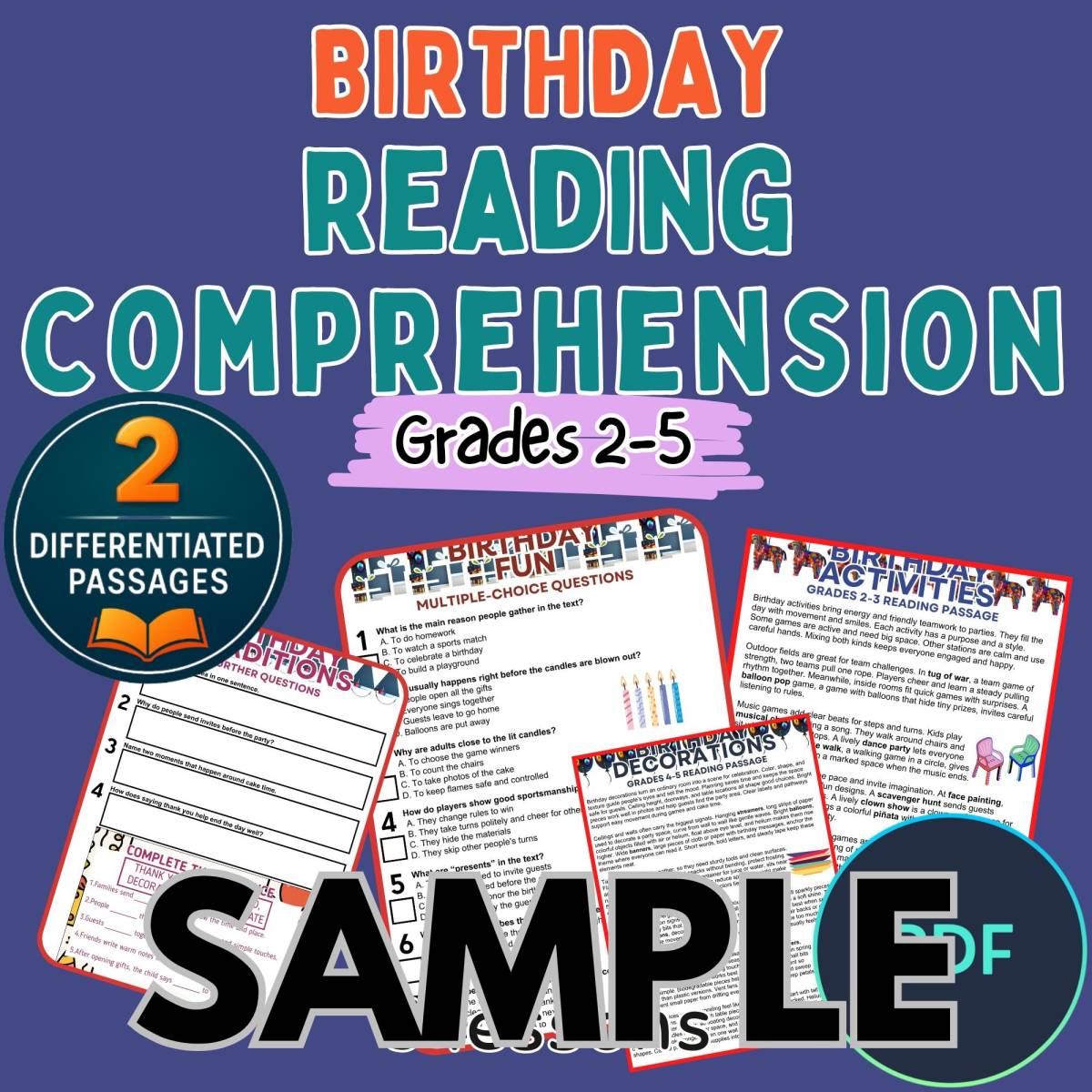 An educational teaching resource from Cored Education entitled Birthday Reading Comprehension 1 Lesson Sample Writing Prompts PDF downloadable at Teach Simple.