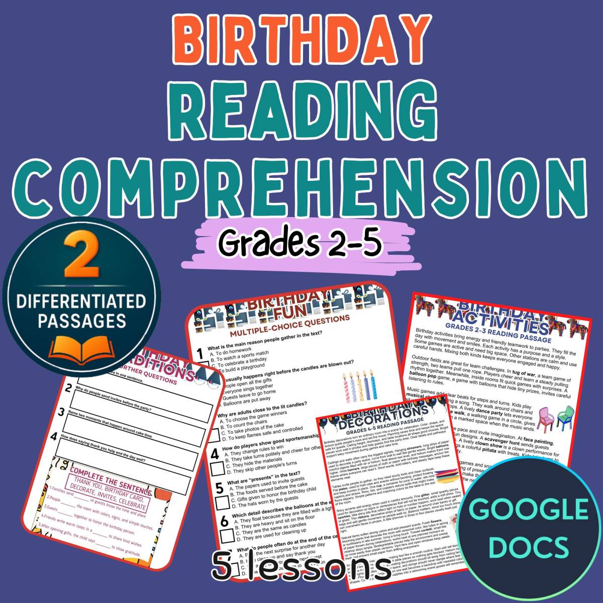 An educational teaching resource from Cored Education entitled Birthday Reading Comprehension with Word Problems Writing Prompts Docs downloadable at Teach Simple.