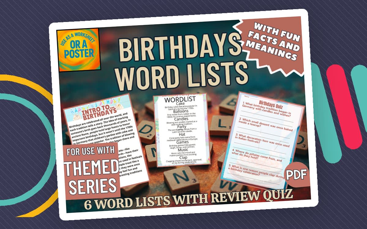 An educational teaching resource from Cored Education entitled Birthday Word List Posters (PDF) downloadable at Teach Simple.