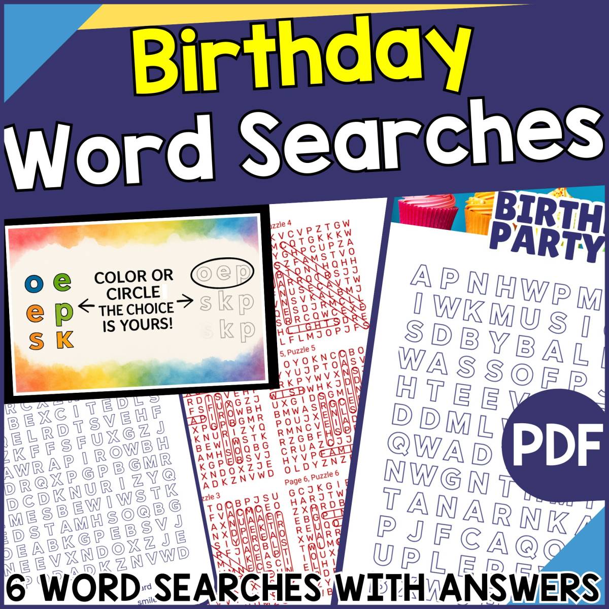 An educational teaching resource from Cored Education entitled Birthday Word Searches (PDF) downloadable at Teach Simple.
