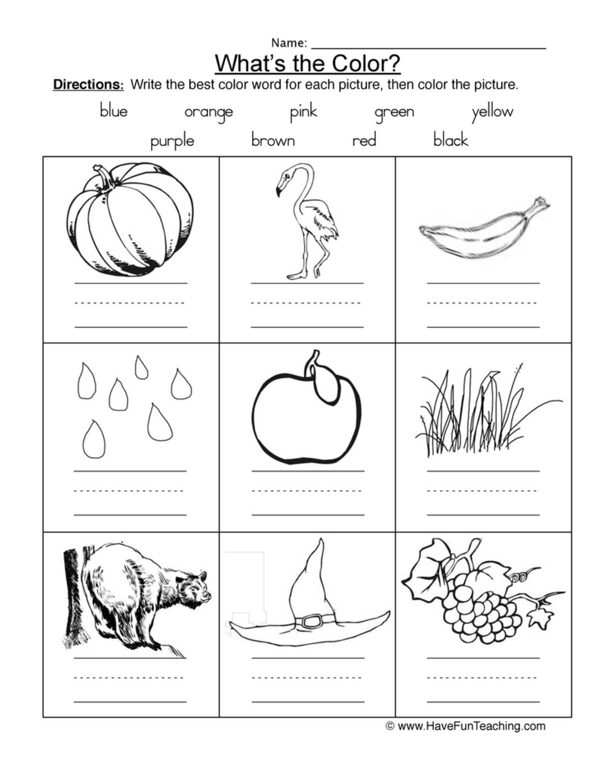 An educational teaching resource from Have Fun Teaching entitled Black and White Pictures Color Names Worksheet downloadable at Teach Simple.