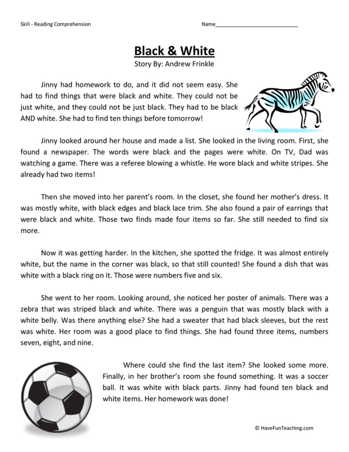 An educational teaching resource from Have Fun Teaching entitled Black and White - Reading Comprehension Worksheet downloadable at Teach Simple.