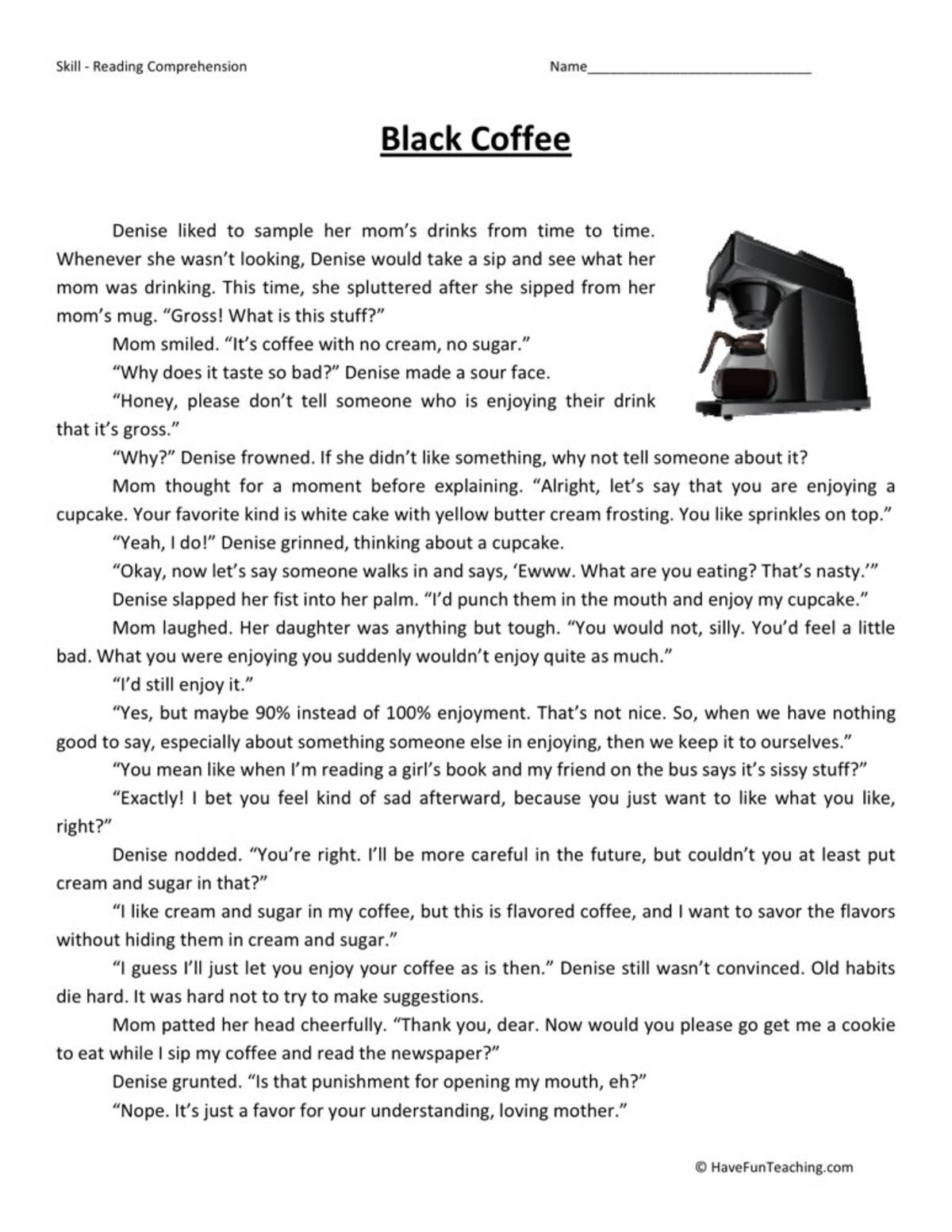 An educational teaching resource from Have Fun Teaching entitled Black Coffee Reading Comprehension Worksheet downloadable at Teach Simple.