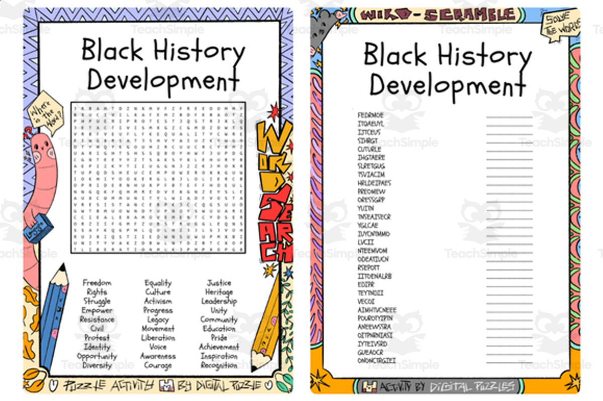 An educational teaching resource from Lapiiin Art Activities entitled Black History Development word search & scramble downloadable at Teach Simple.