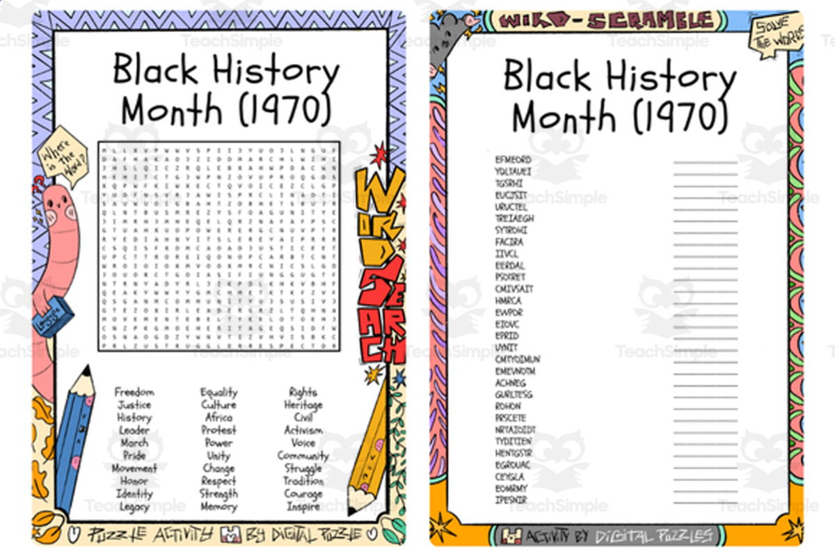 An educational teaching resource from Lapiiin Art Activities entitled Black History Month (1970) word search & scramble downloadable at Teach Simple.
