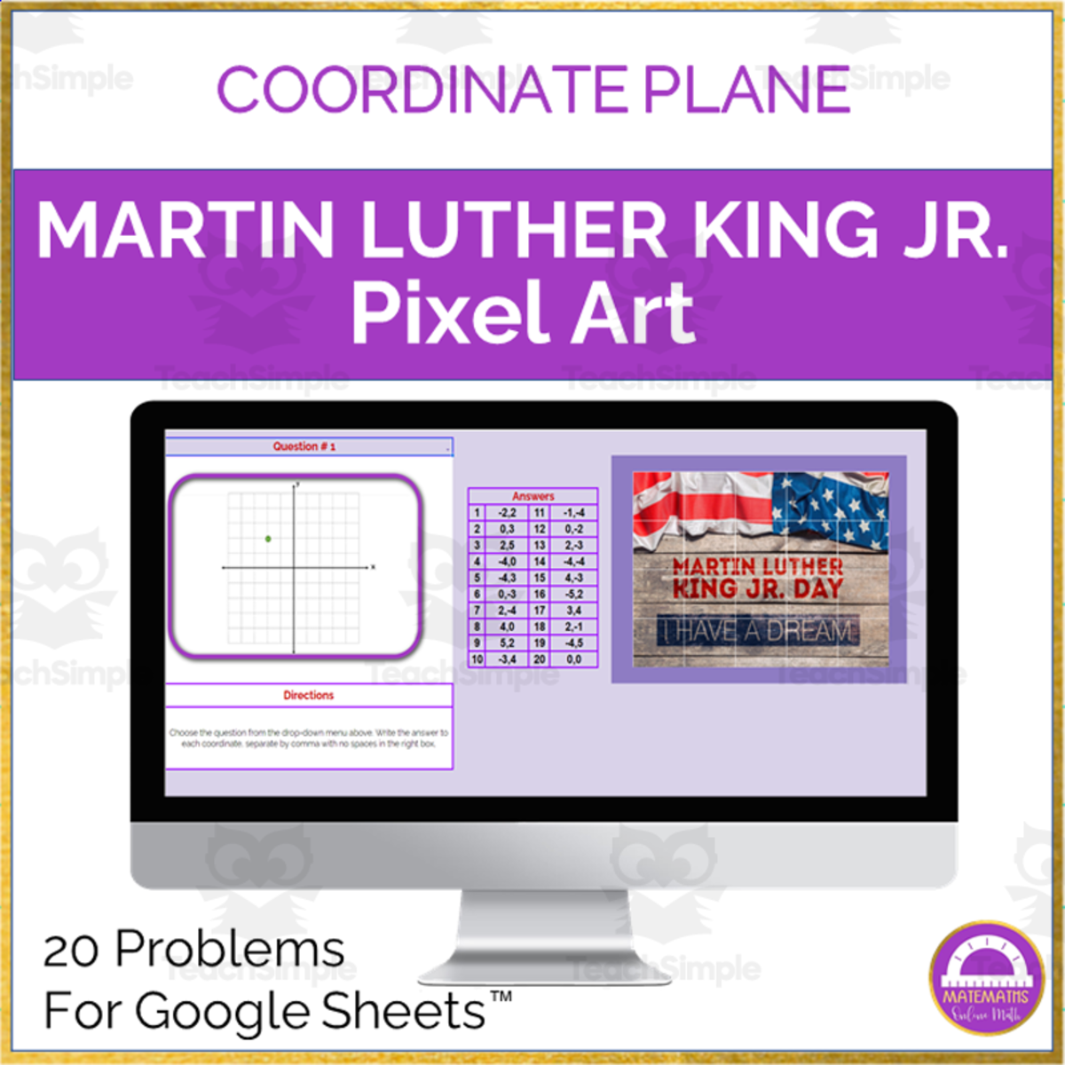 An educational teaching resource from Matemaths entitled Black History Month | Coordinate Plane Pixel Art Activity Google Sheet downloadable at Teach Simple.