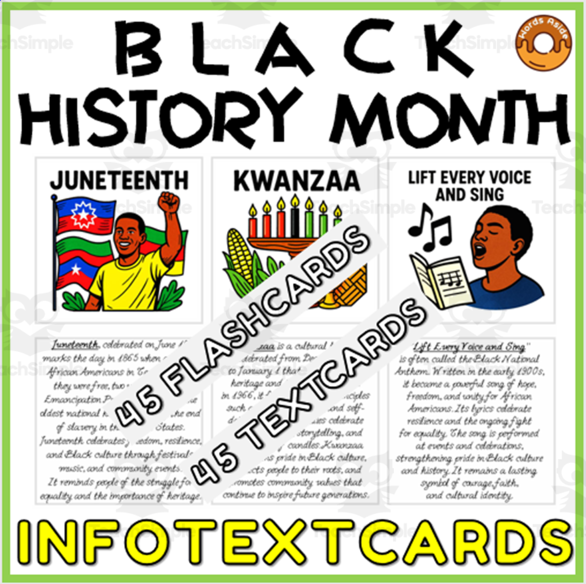 An educational teaching resource from WORDS ASIDE entitled Black History Month Info Flash Cards Resource downloadable at Teach Simple.