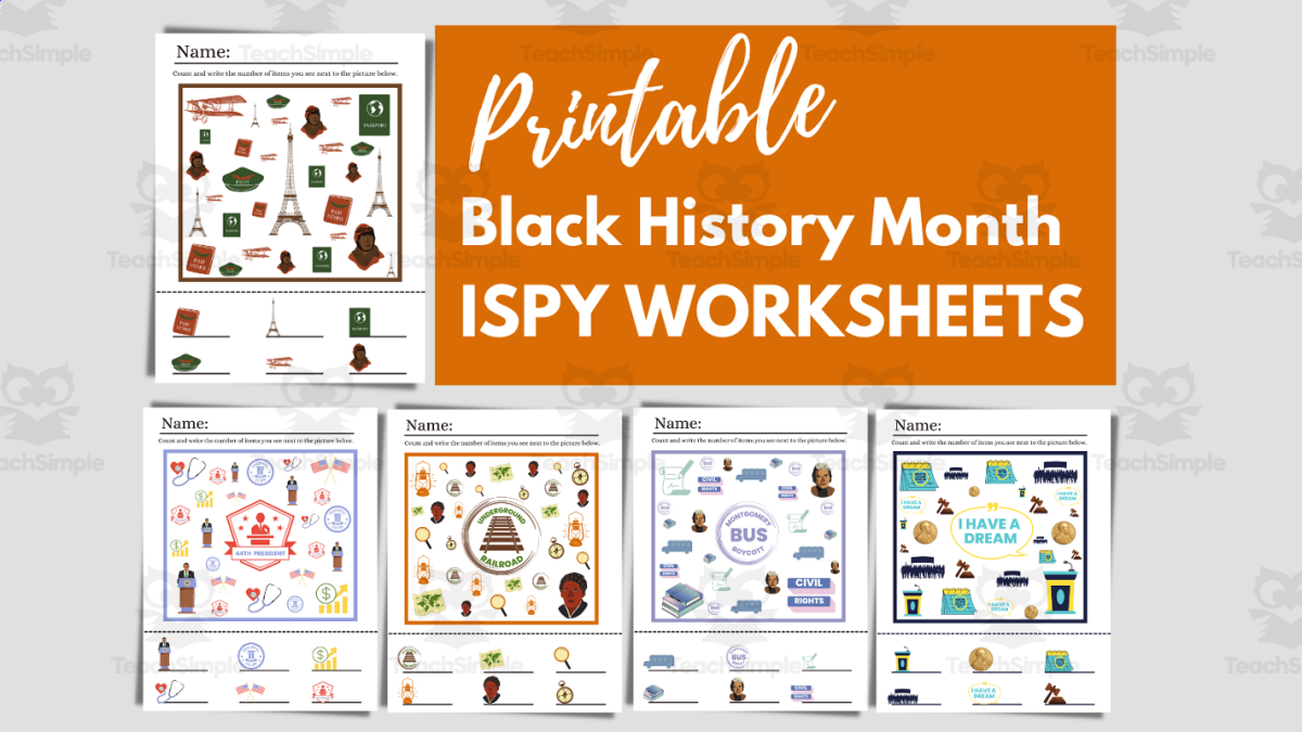 An educational teaching resource from Teacher Jenny entitled Black History Month Ispy Printable Worksheets downloadable at Teach Simple.