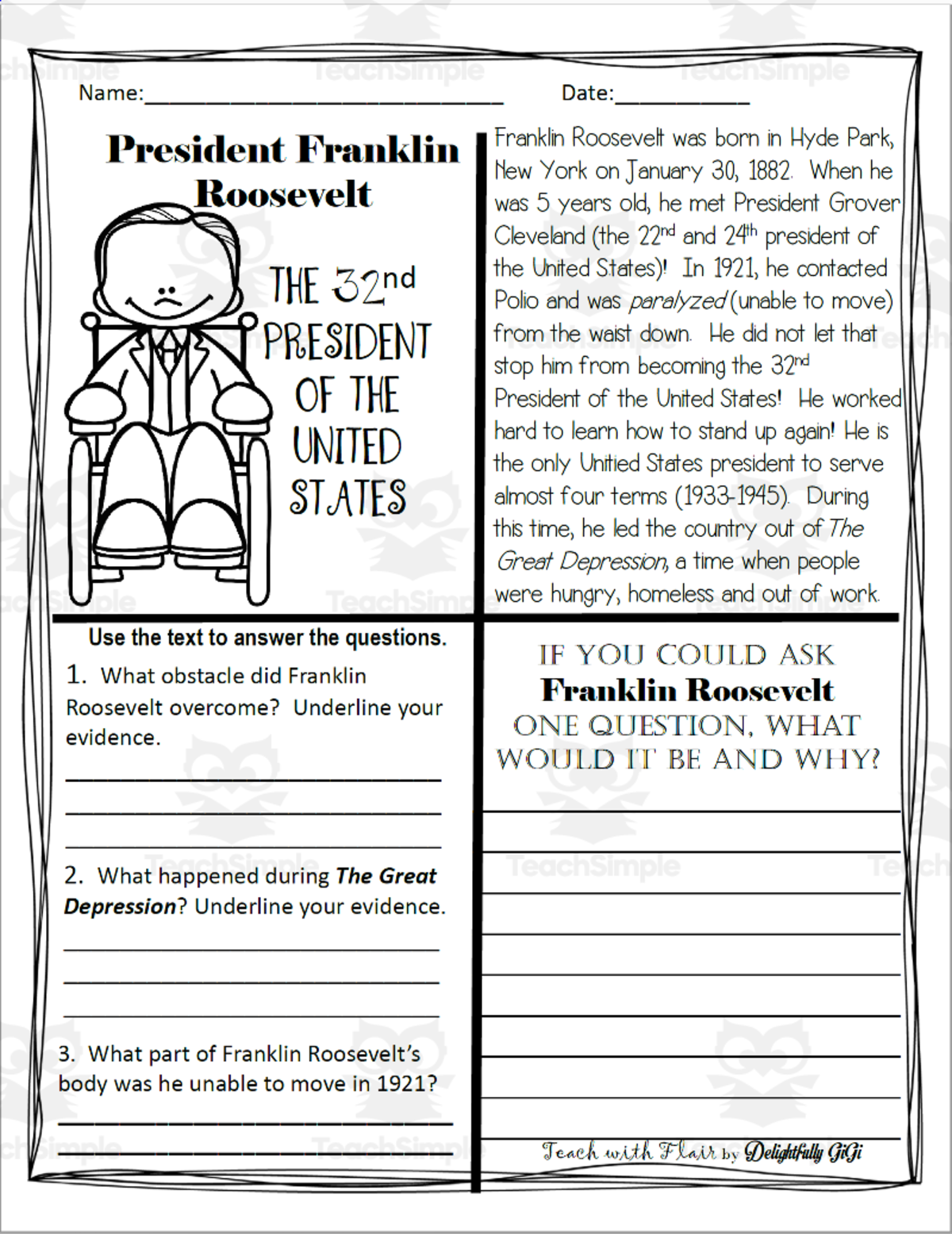 An educational teaching resource from FlairSquare Educational Resources entitled Black History Month: President Franklin Roosevelt downloadable at Teach Simple.