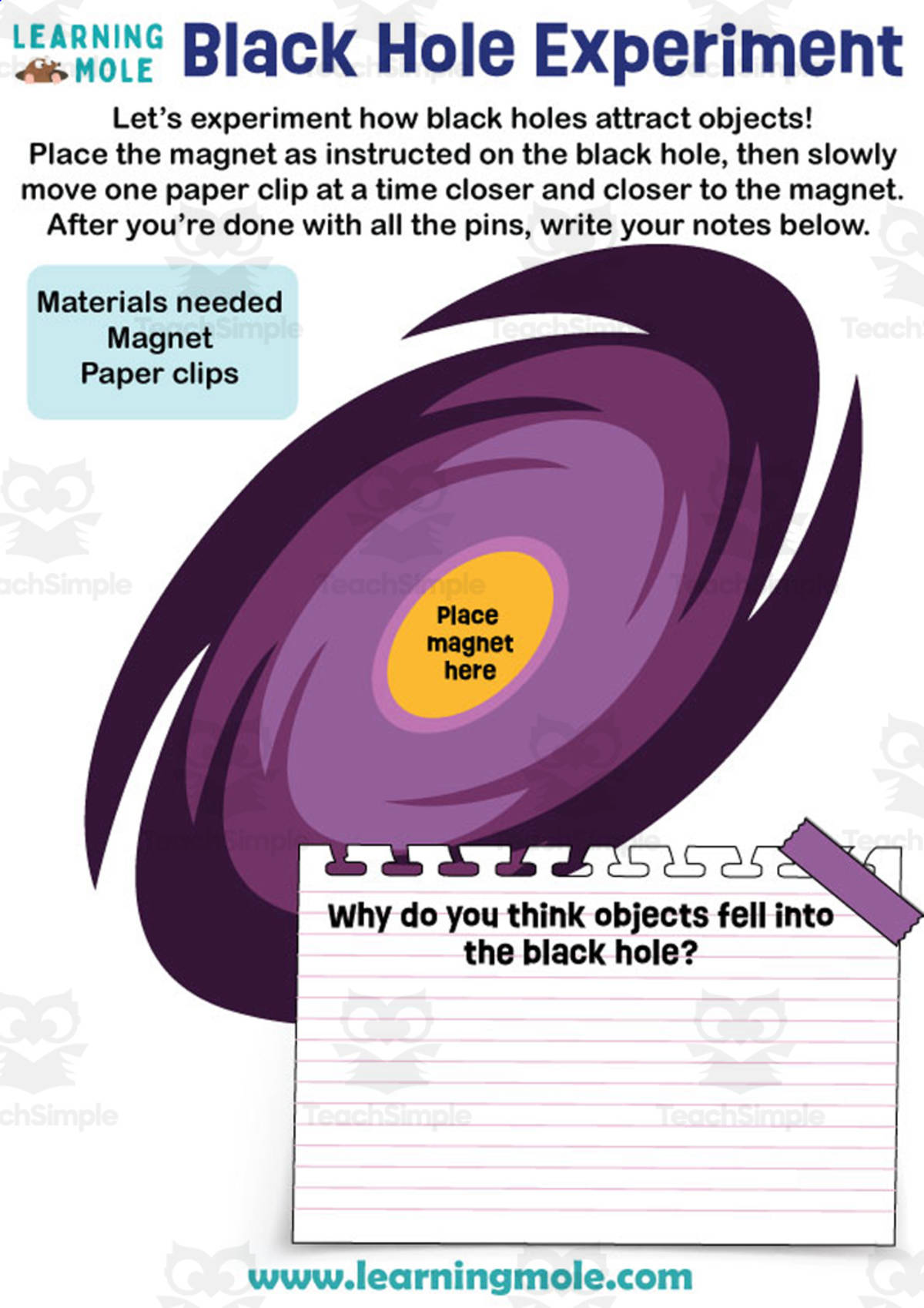 An educational teaching resource from Educational Voice entitled Black Hole Experiment Activity downloadable at Teach Simple.