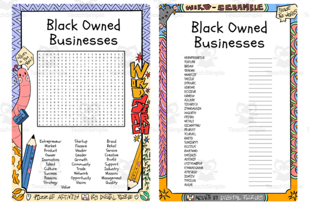 An educational teaching resource from Lapiiin Art Activities entitled Black Owned Businesses word search & scramble downloadable at Teach Simple.