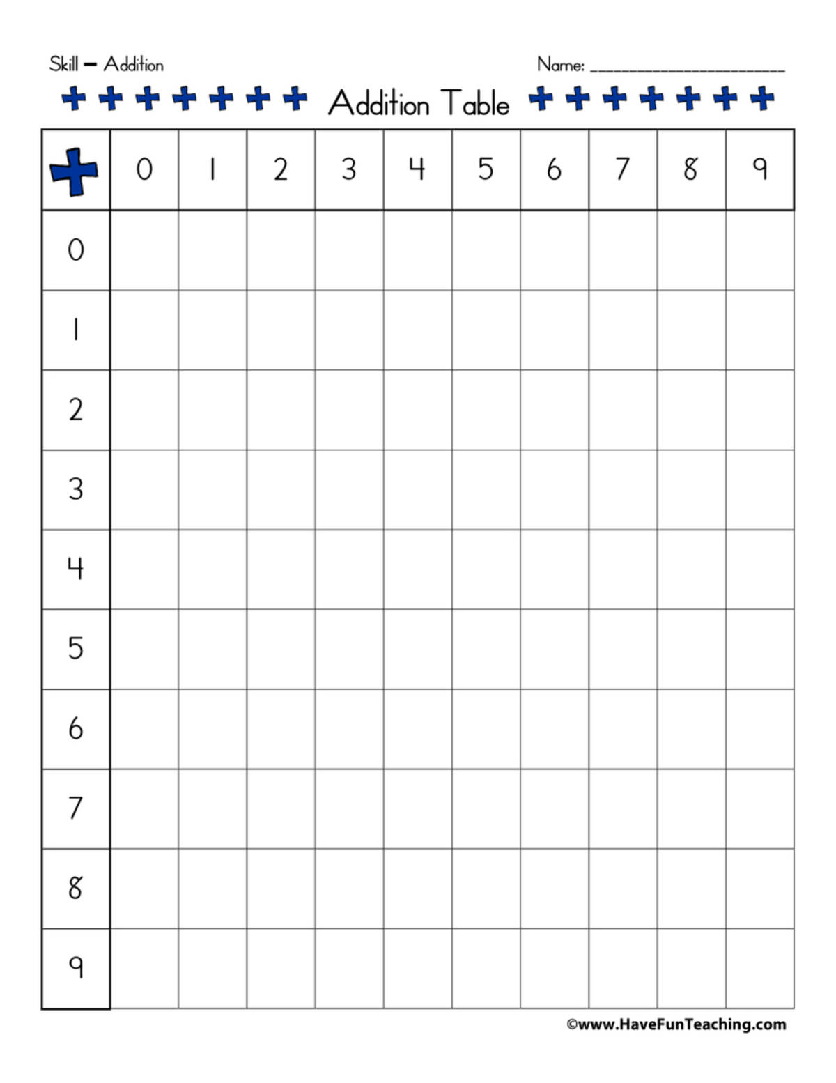 An educational teaching resource from Have Fun Teaching entitled Blank Addition Table downloadable at Teach Simple.