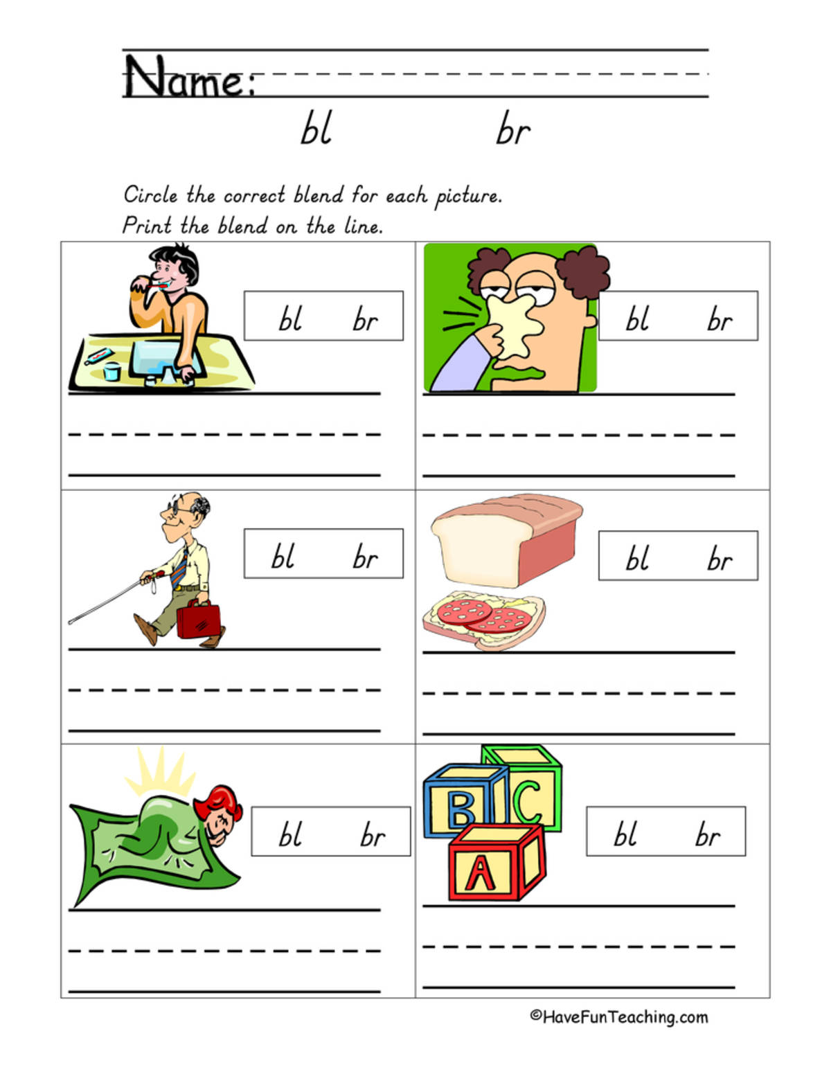 An educational teaching resource from Have Fun Teaching entitled Blends BL, BR Worksheet downloadable at Teach Simple.