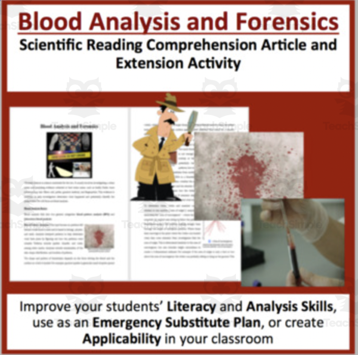 An educational teaching resource from Teach With Fergy entitled Blood Analysis and Forensics Reading Comprehension Article downloadable at Teach Simple.