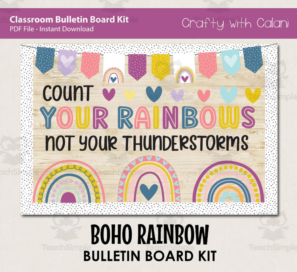 An educational teaching resource from Crafty with Calani entitled Blue Boho Rainbow Classroom Bulletin Board or Door Decor downloadable at Teach Simple.